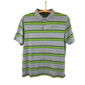 John Deere Green Gray Striped Polo Short Sleeve Shirt Men's Large 100% Cotton